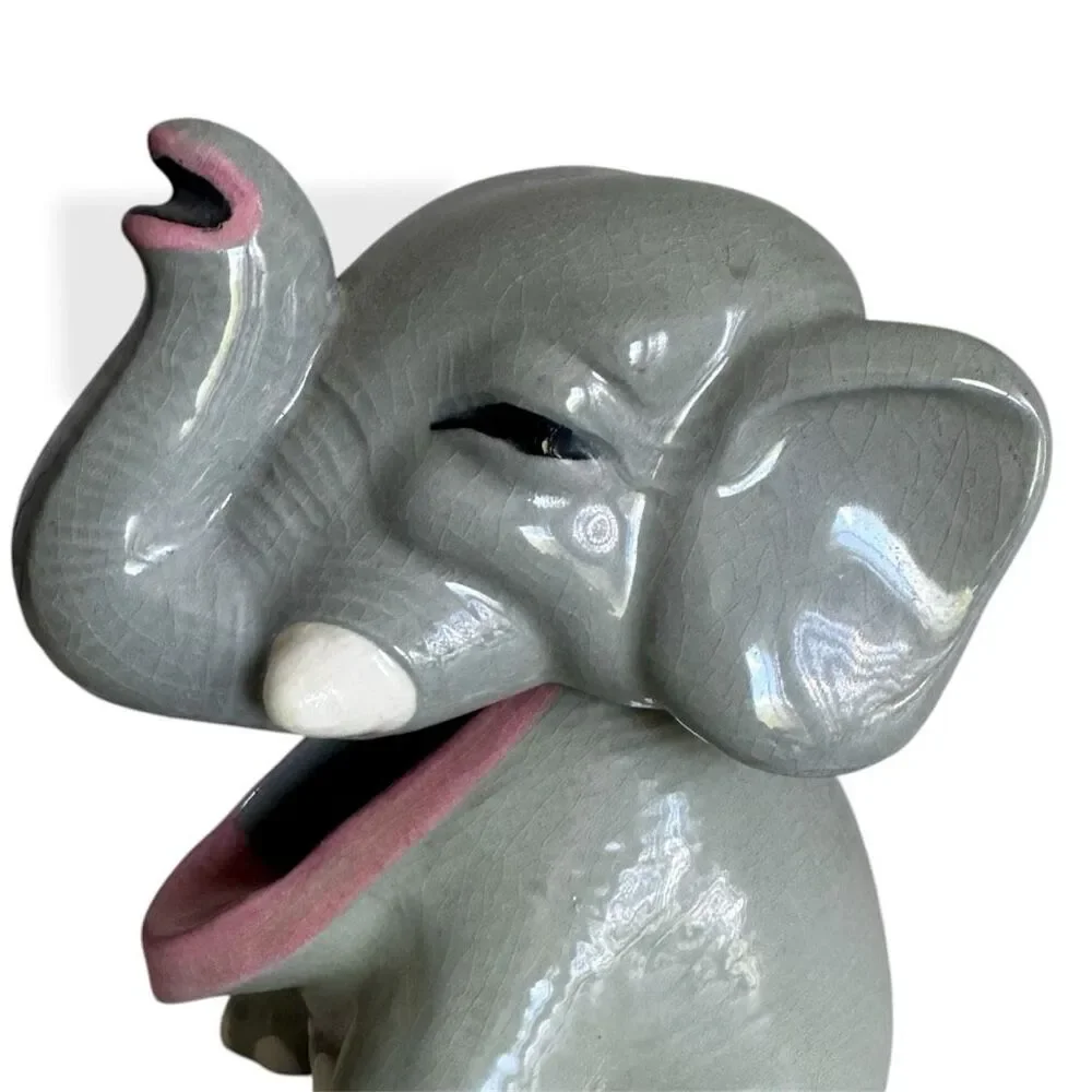 Vintage Mid-Century Ceramic Elephant Ashtray Trinket Novelty Decor Signed Alex